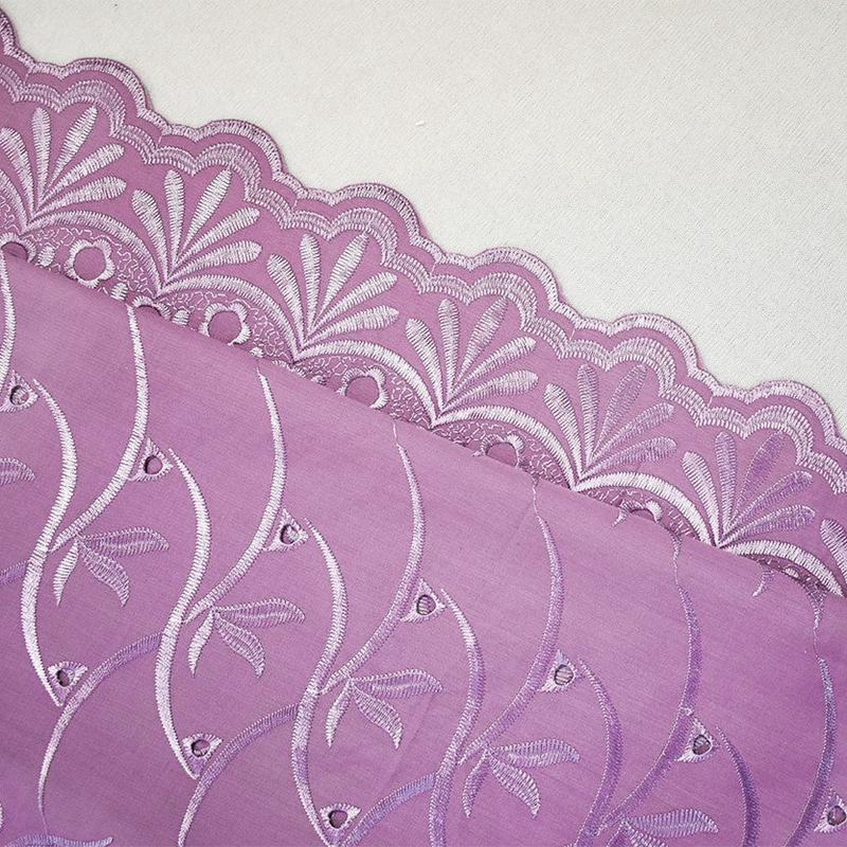 Mauve Purple Poly-Cotton Embroidered Floral Scallop Rhinestone Woven Fabric