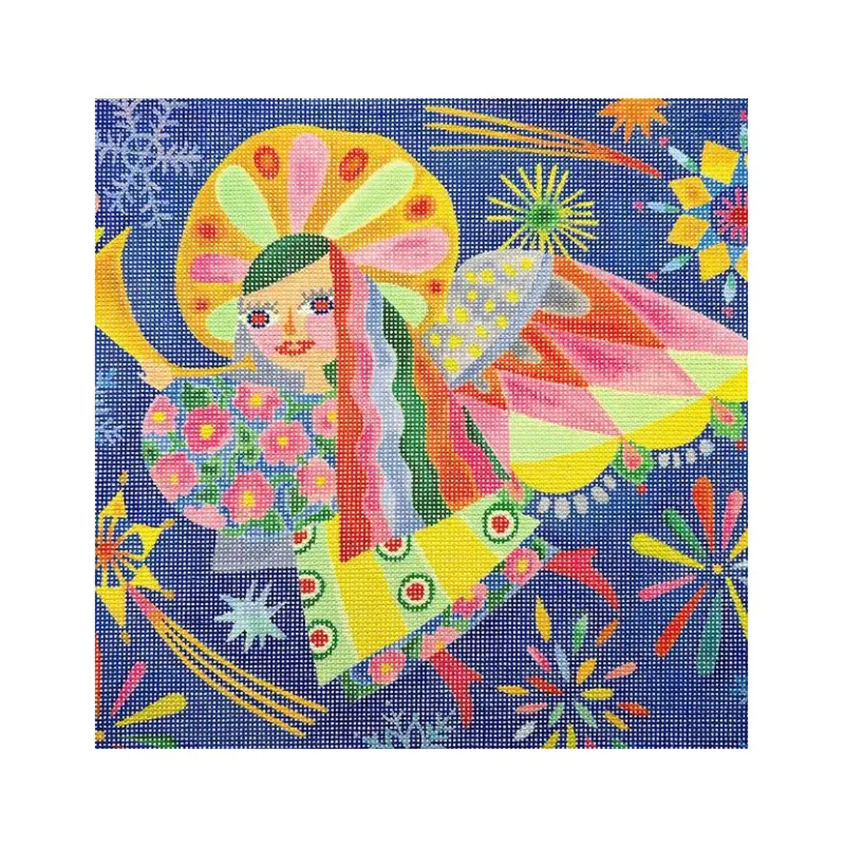 Kate Dickerson Needlepoint Collections Shannon Snow Cheerful Angel with Horn on Starry Sky Needlepoint Canvas