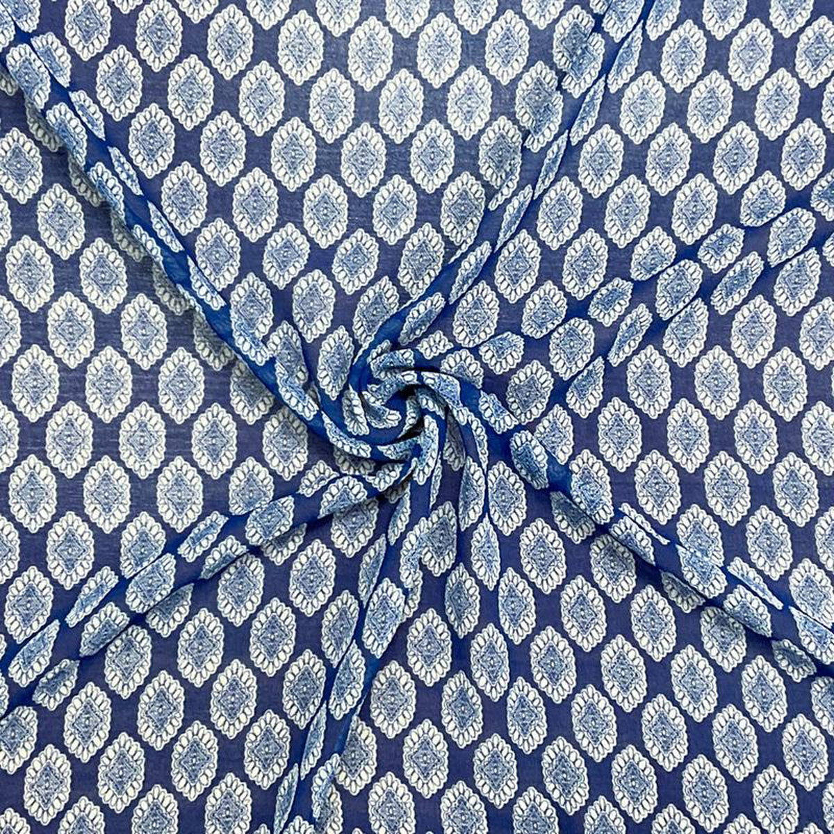 Blue-White Poly Moroccan Printed Silky Pebble Chiffon Woven Fabric