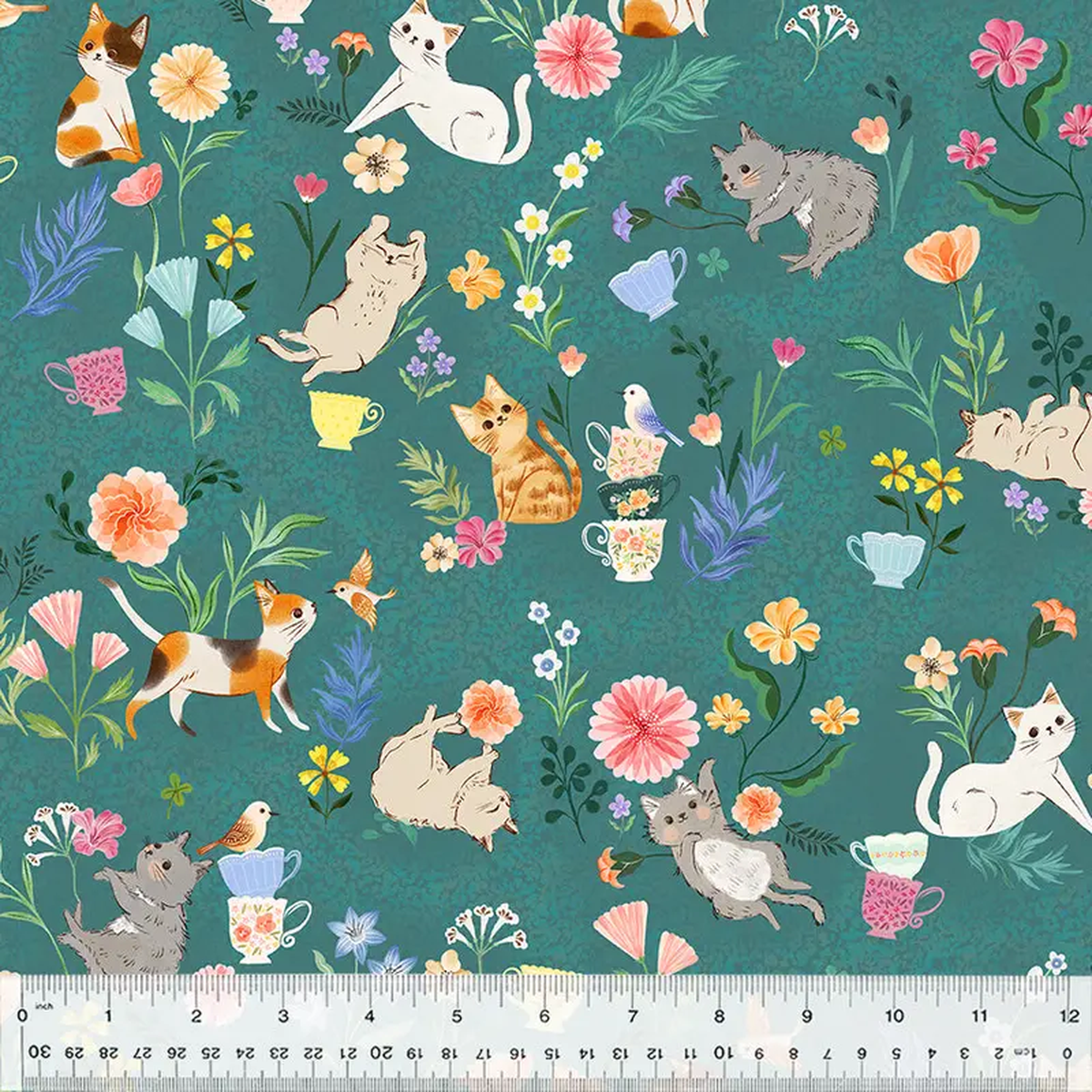 Cats in the Garden Vivian Yiwing 53851-1 Teal Garden Party Cotton