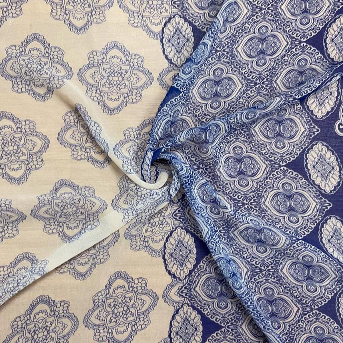 Blue-Beige Poly Paisley Printed Silky Pebble Chiffon Woven Fabric