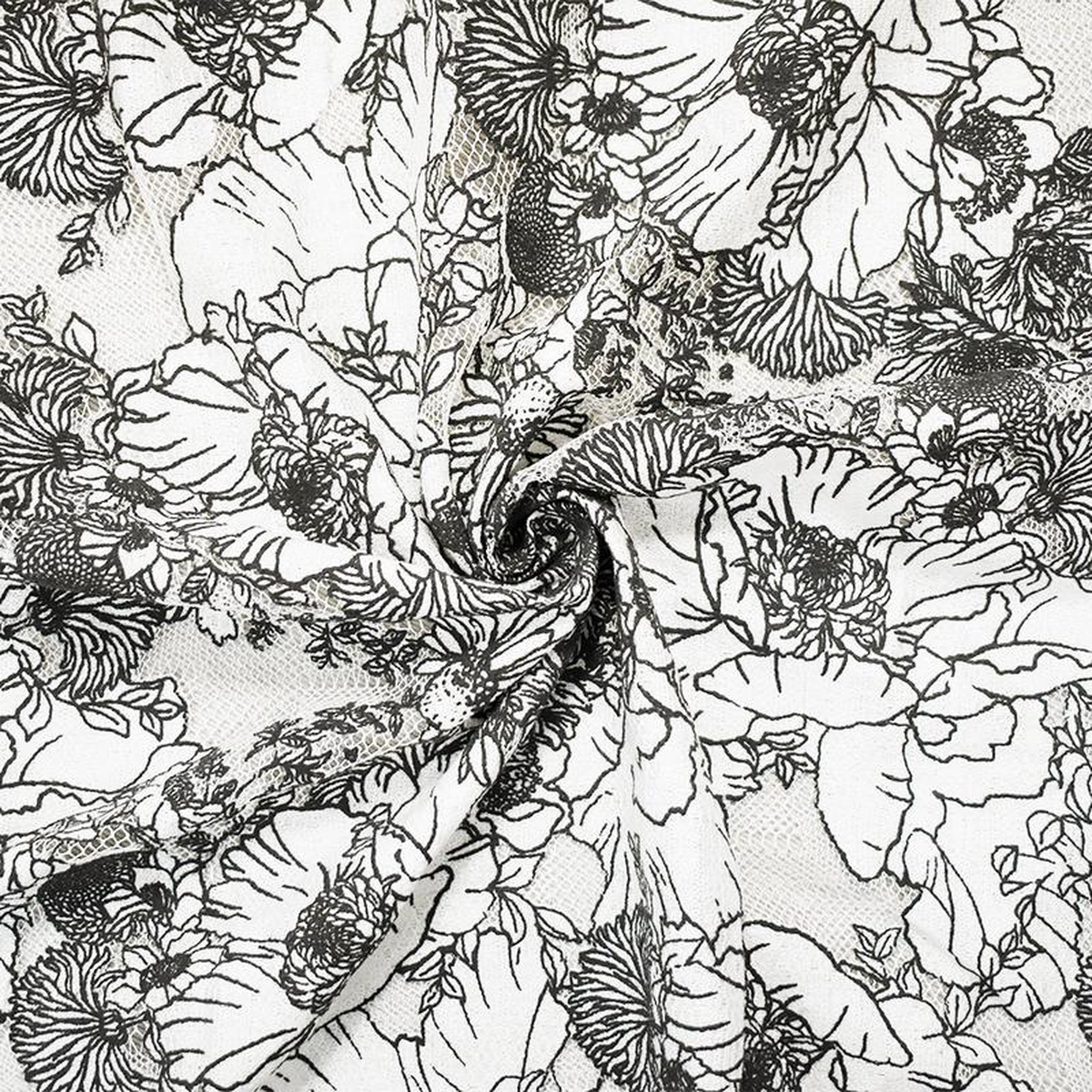 Black-White Cotton-Poly Floral Patch Printed Lace Mesh Knit Fabric