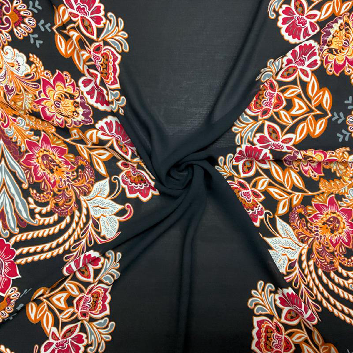 Black-Orange-Multi Poly Floral Stripe Printed Chiffon Woven Fabric