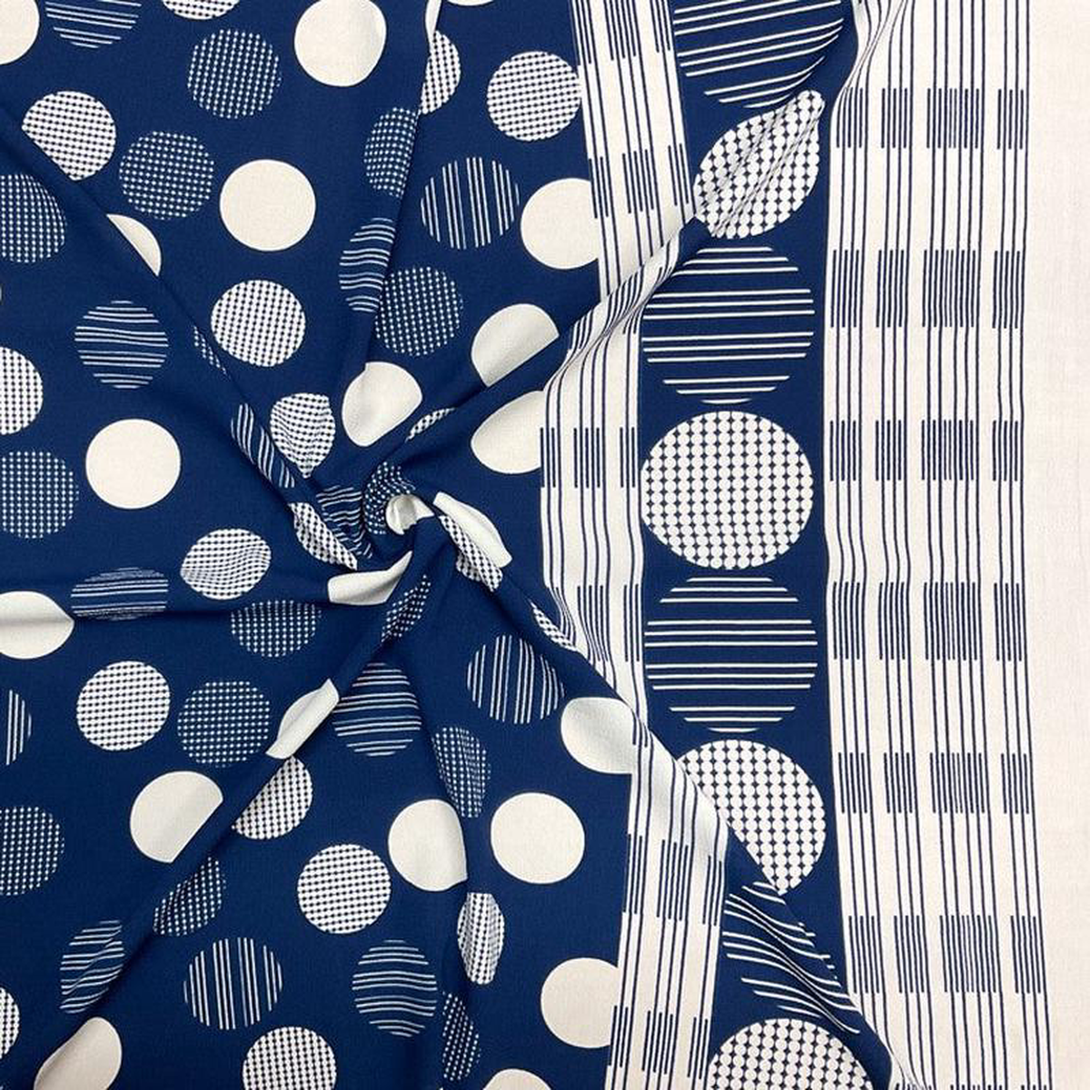 Blue-White Poly Circle Abstract Printed Pebble Crepe Woven Fabric