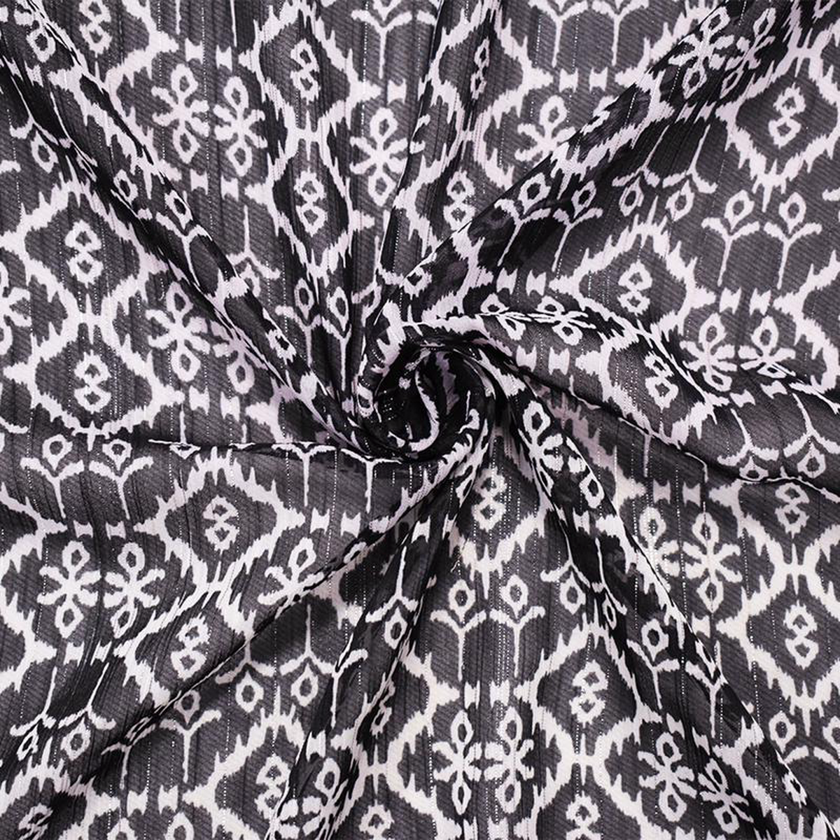 Black-Purple Poly Tile Abstract Ikat Printed Silver Stripe Chiffon Fabric