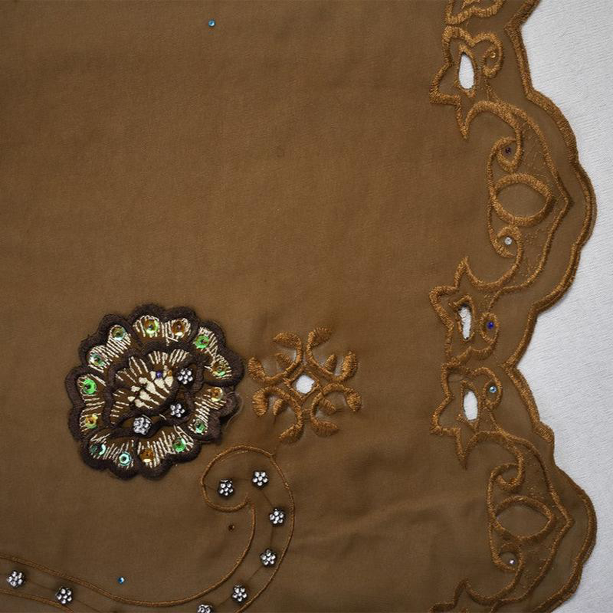 Brown-Multi Poly Embroidered Floral Beaded Rhinestone Scallop Chiffon Fabric