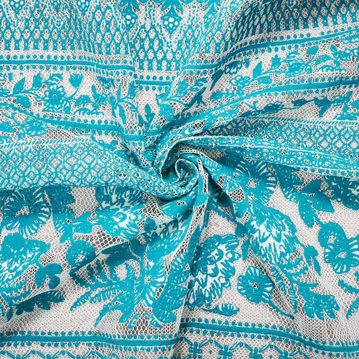 Turquoise-White Nylon Floral Multi Stripe Printed Mesh Lace Knit Fabric