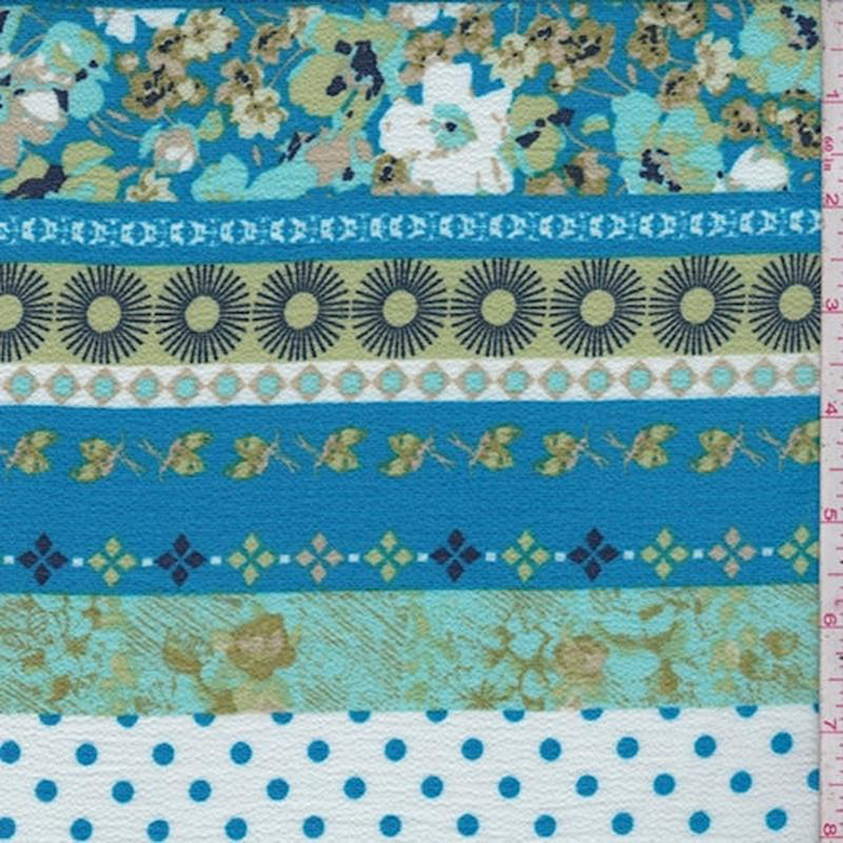 AquaAvocadoWhite DotFloral Stripe Pebble Crepe Fabric