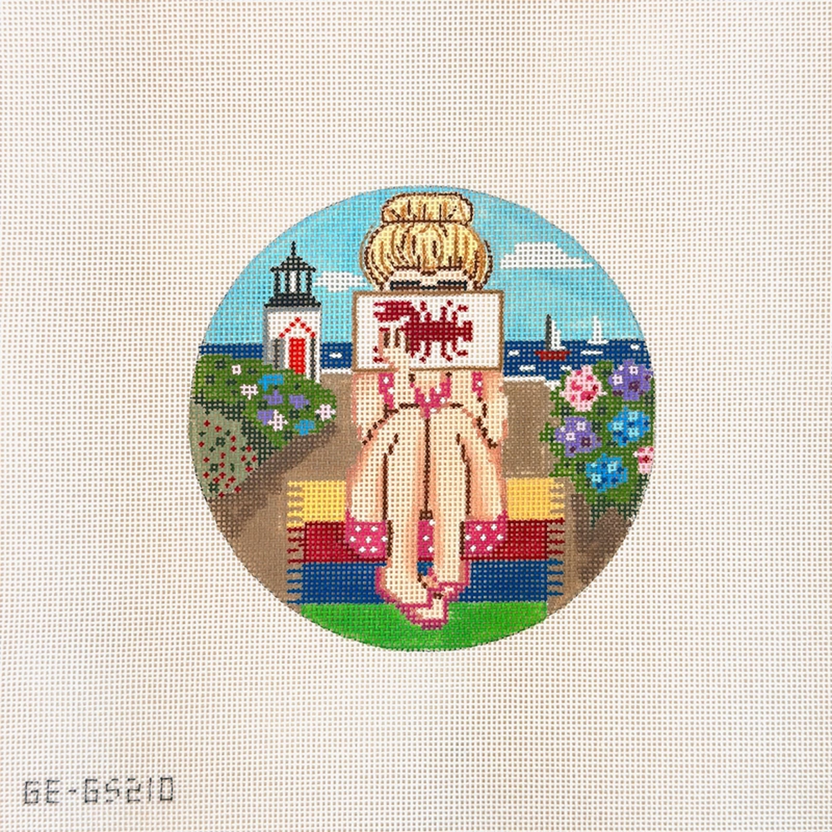 Alice Peterson Co Gayla Elliott Stitching Girl Beach Round Needlepoint Canvas