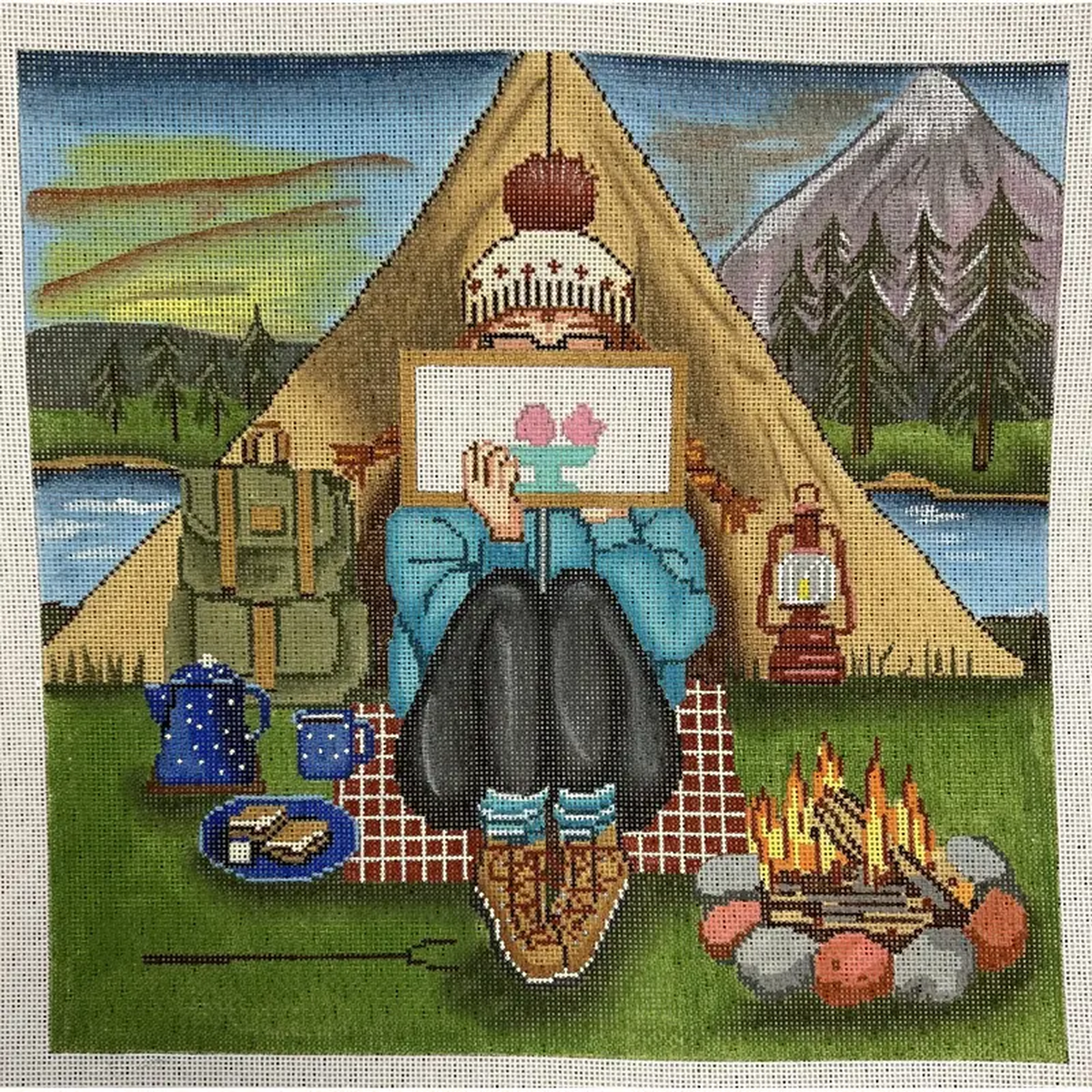 Alice Peterson Co Gayla Elliott Stitching Girl Camping Needlepoint Canvas