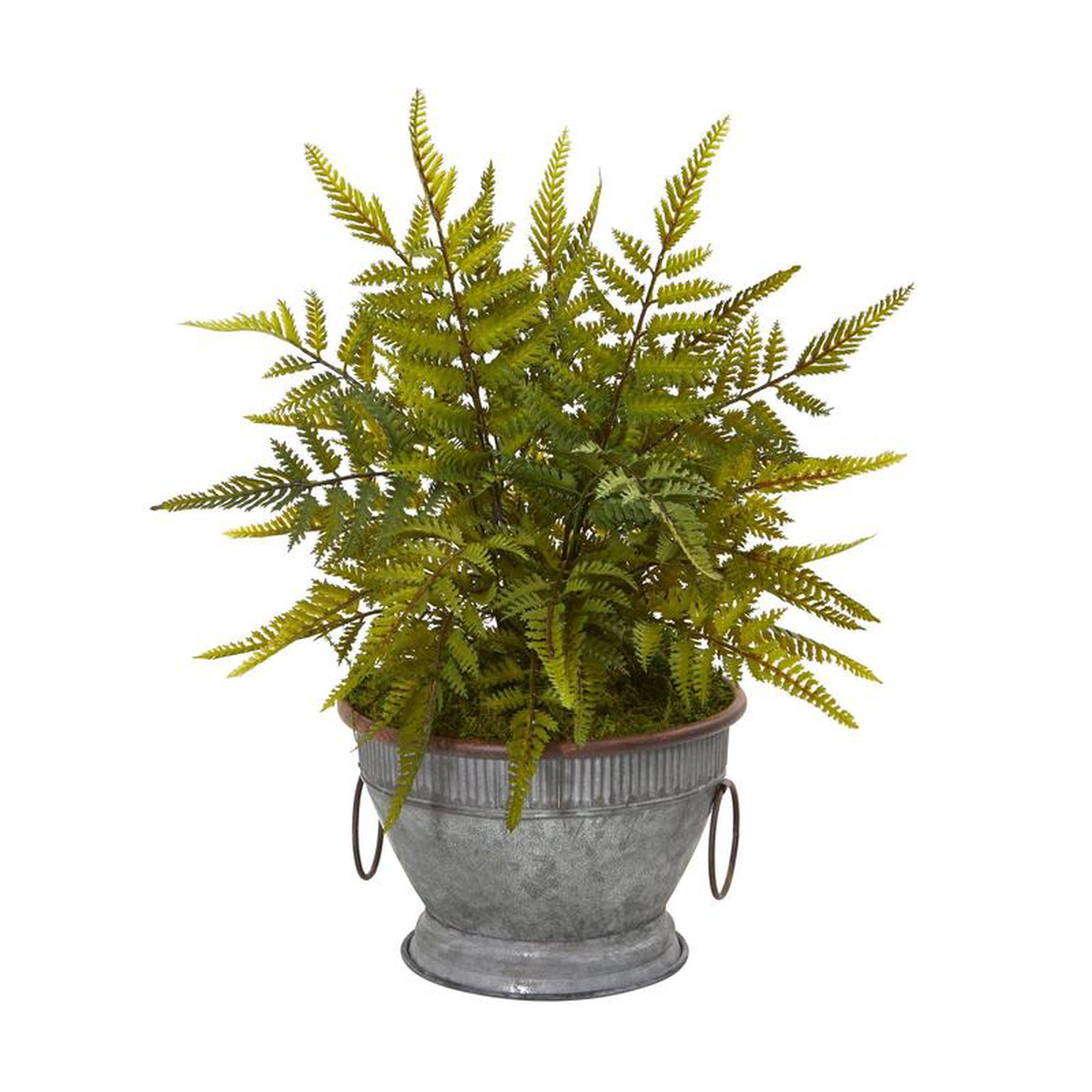15 Fern Artificial Plant in Vintage Metal Bowl with Copper Trimming