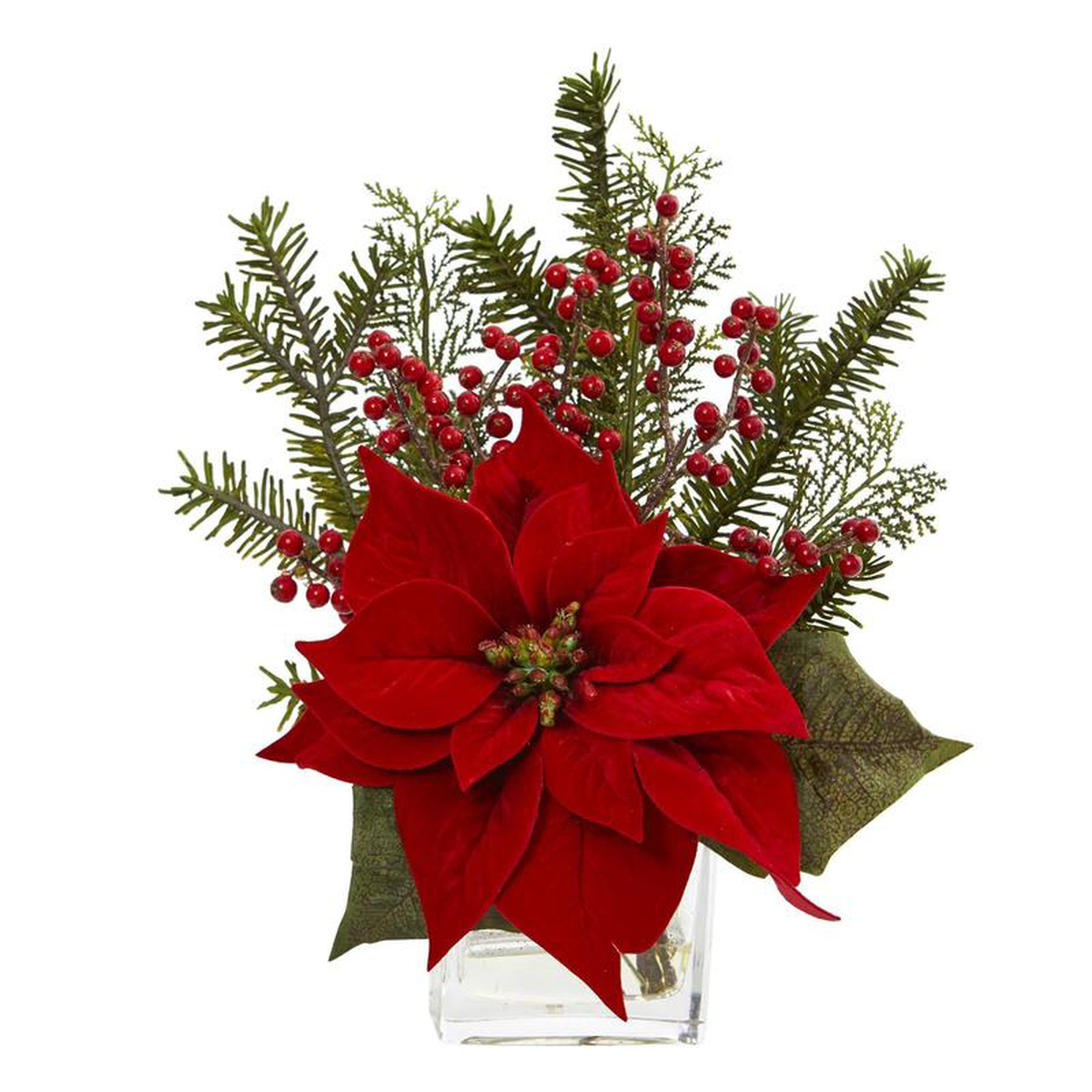 Poinsettia Pine and Berries in Vase Artificial Arrangement