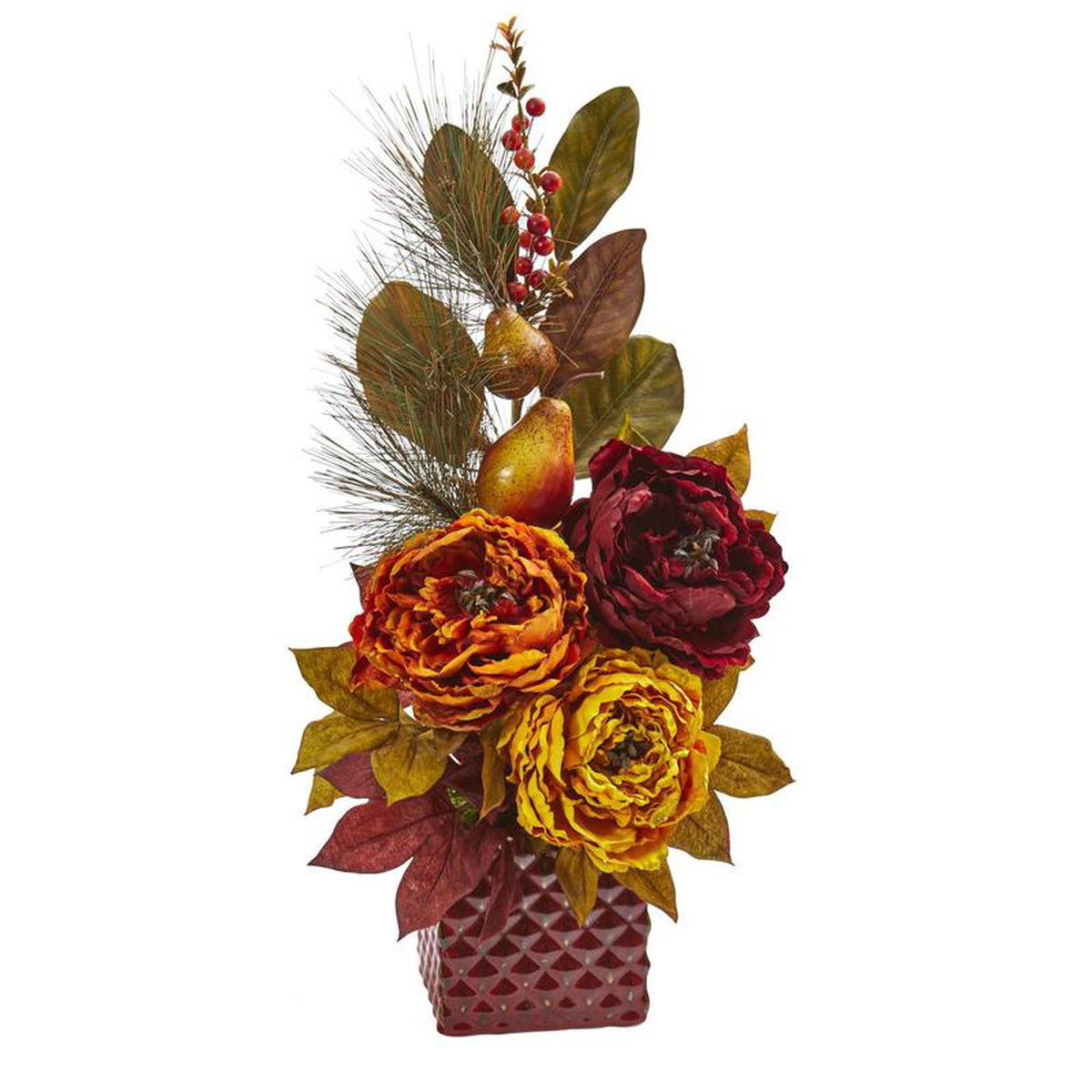 25 Peony Pear and Magnolia Leaf Artificial Arrangement in Red Vase