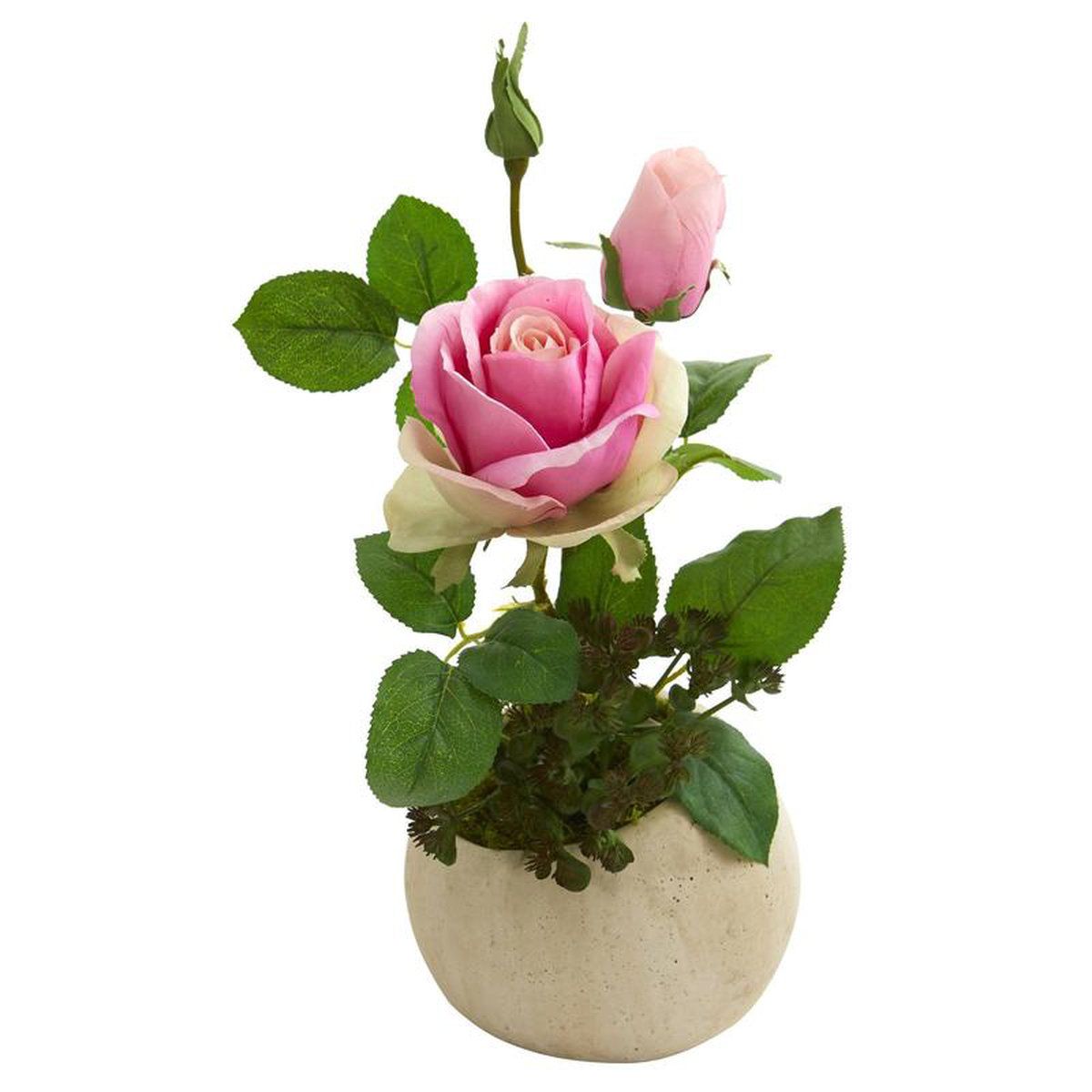 14 Rose and Sedum Succulent Artificial Arrangement in Stone Gray Vase