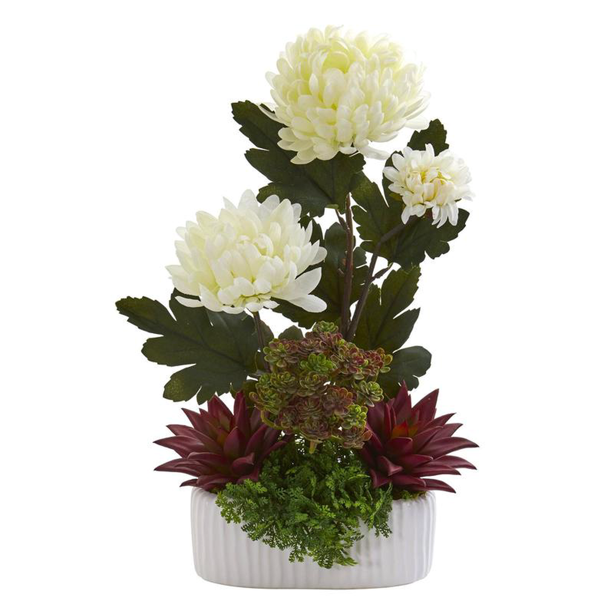 17 Mum and Succulent Artificial Arrangement in White Vase