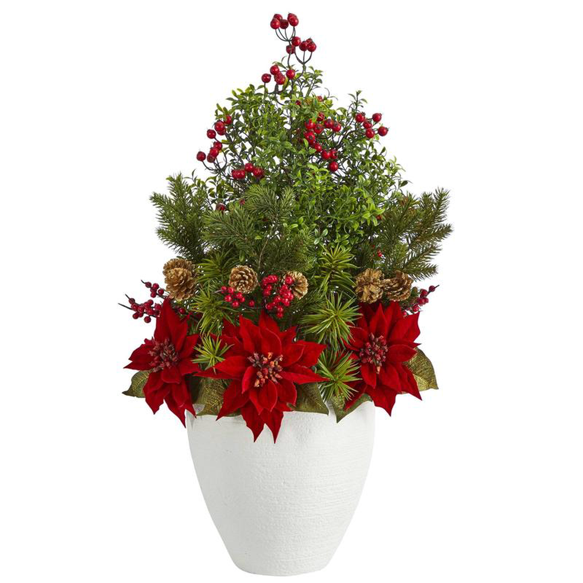 32 Poinsettia Boxwood and Succulent Artificial Arrangement in White Vase