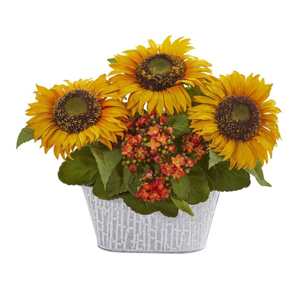14 Sunflower and Kalanchoe Artificial Arrangement in White Tin Vase