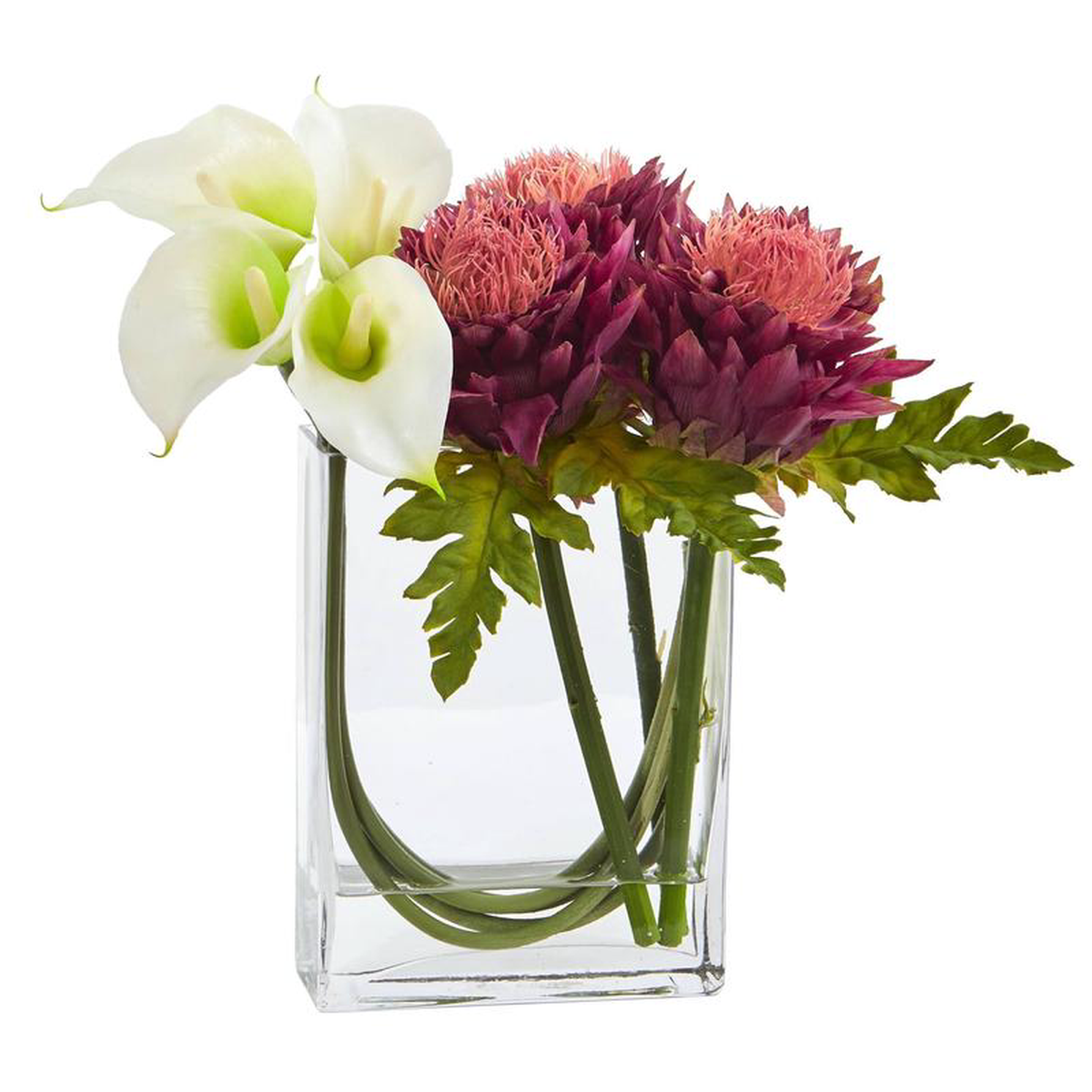 12 Calla Lily and Artichoke in Rectangular Glass Vase Artificial Arrangement