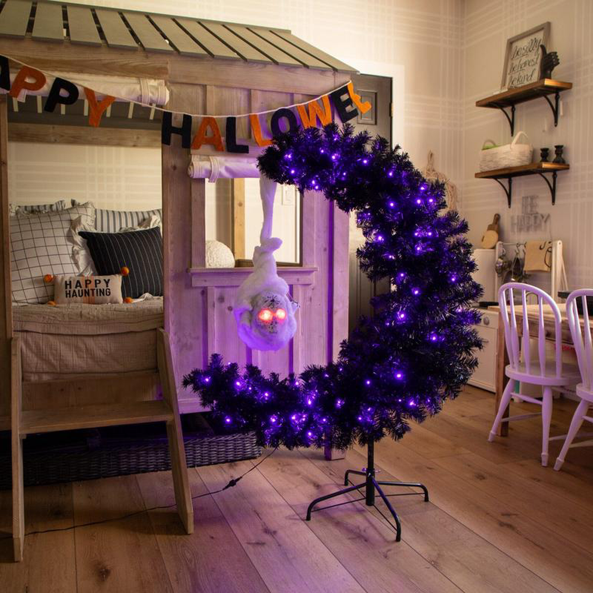 48217 Pre-Lit Artificial Halloween Black Moon 038 Skull Tree with 250 Orange 038 Purple LED Lights