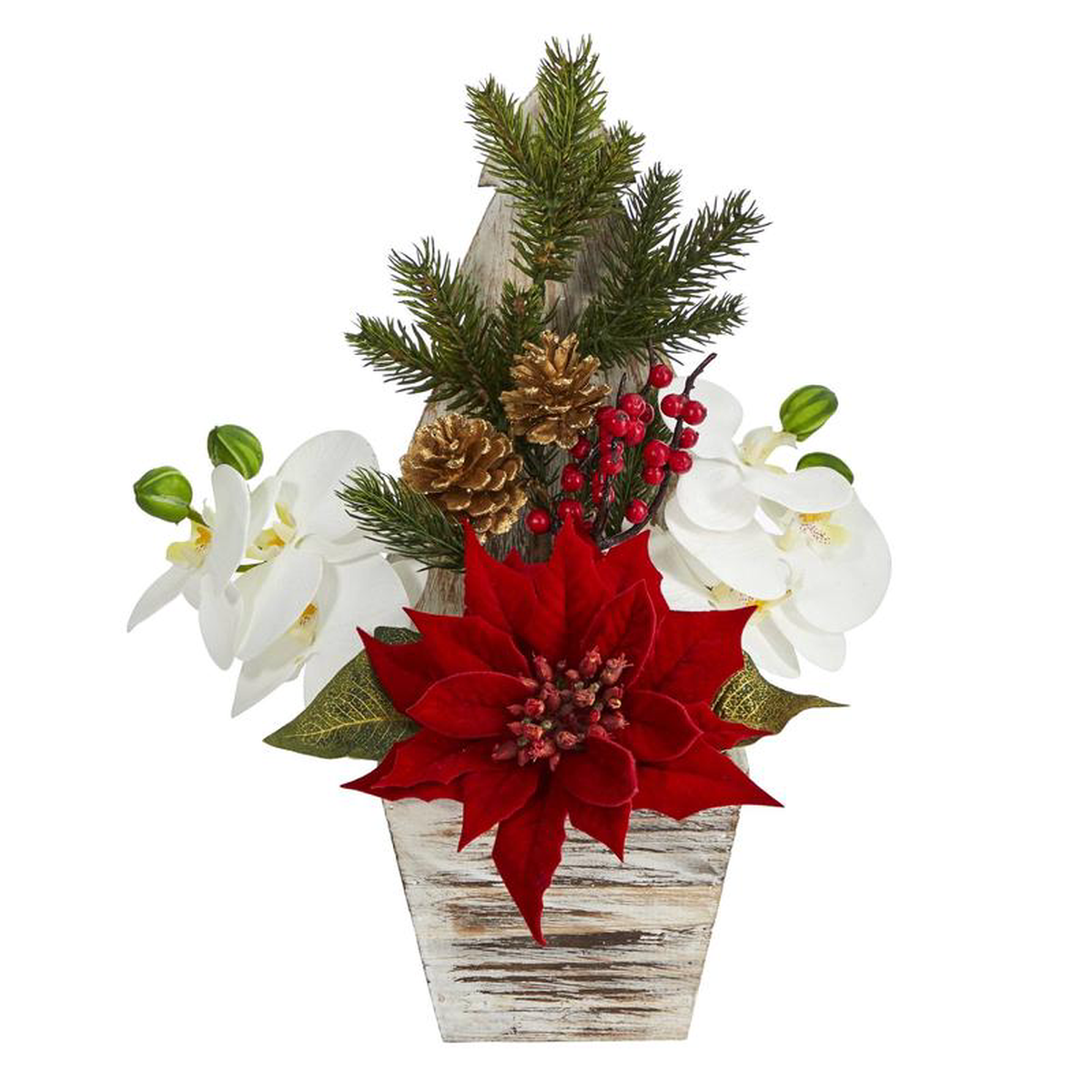 15 Poinsettia and Orchid Artificial Arrangement in Christmas Tree Vase