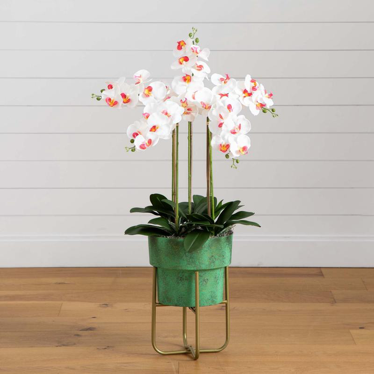 43 Artificial Orchid Arrangement in Patina Metal Planter with Stand