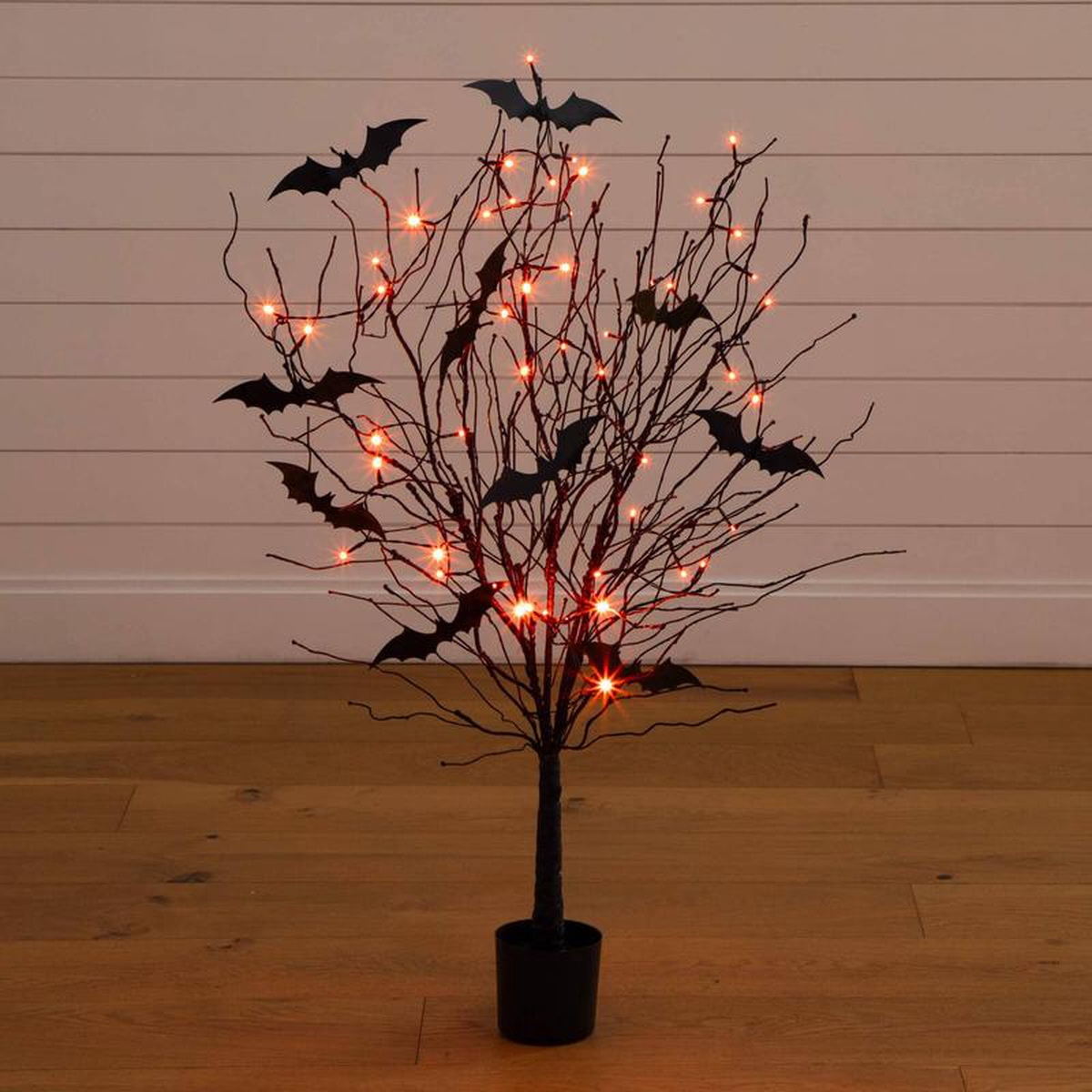 48217 Pre-Lit Artificial Halloween Black Twig Tree with Bats and 50 Orange LED Lights