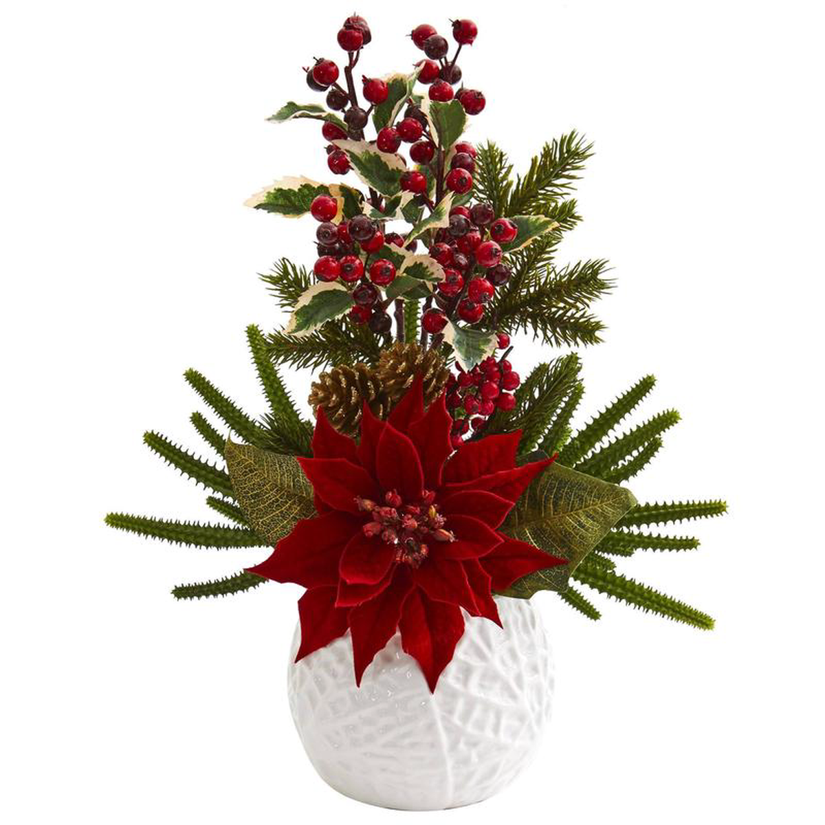 18 Poinsettia Cactus and Holly Berry Christmas Artificial Arrangement in White Vase