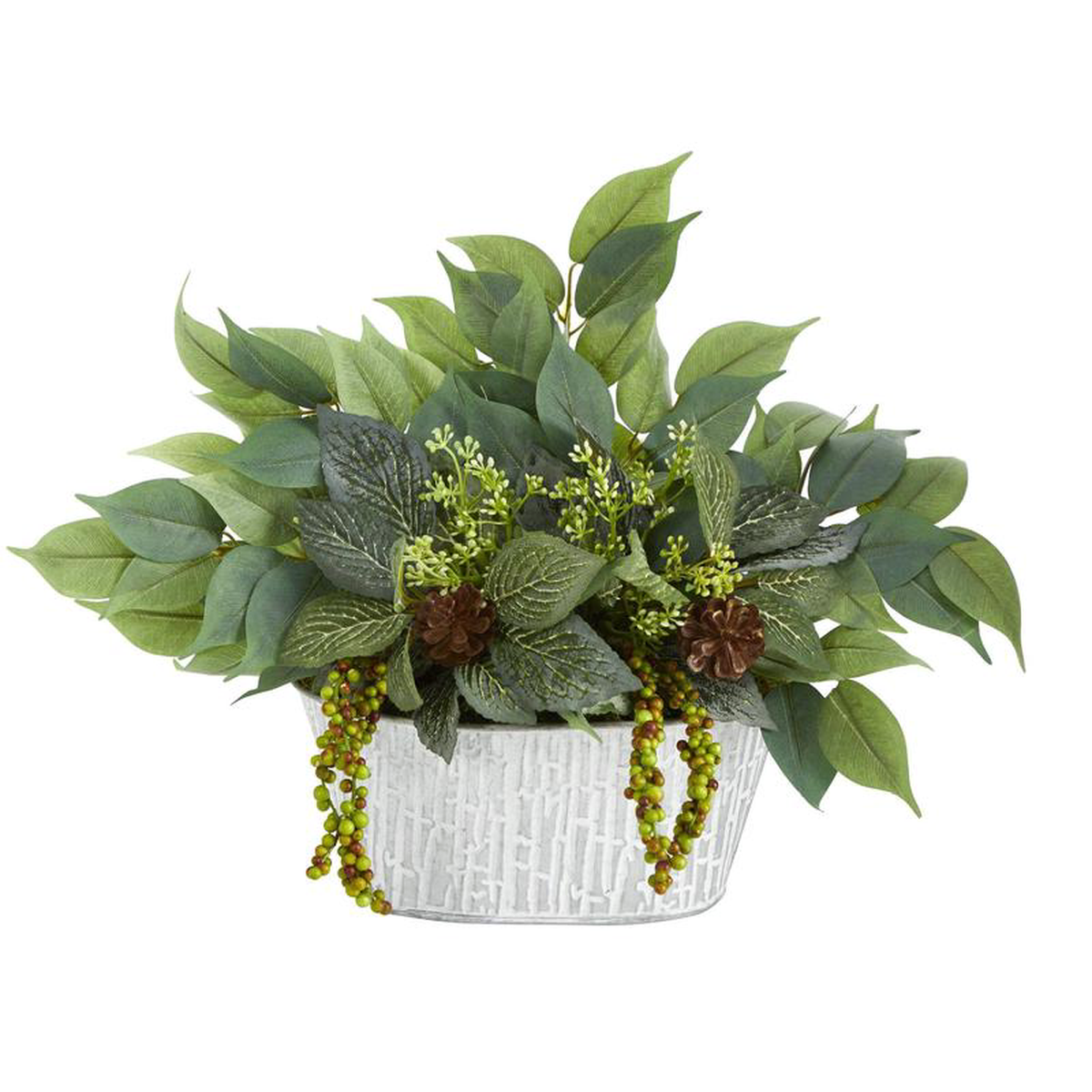 10 Mixed Ficus and Fittonia Artificial Plant in White Tin Planter