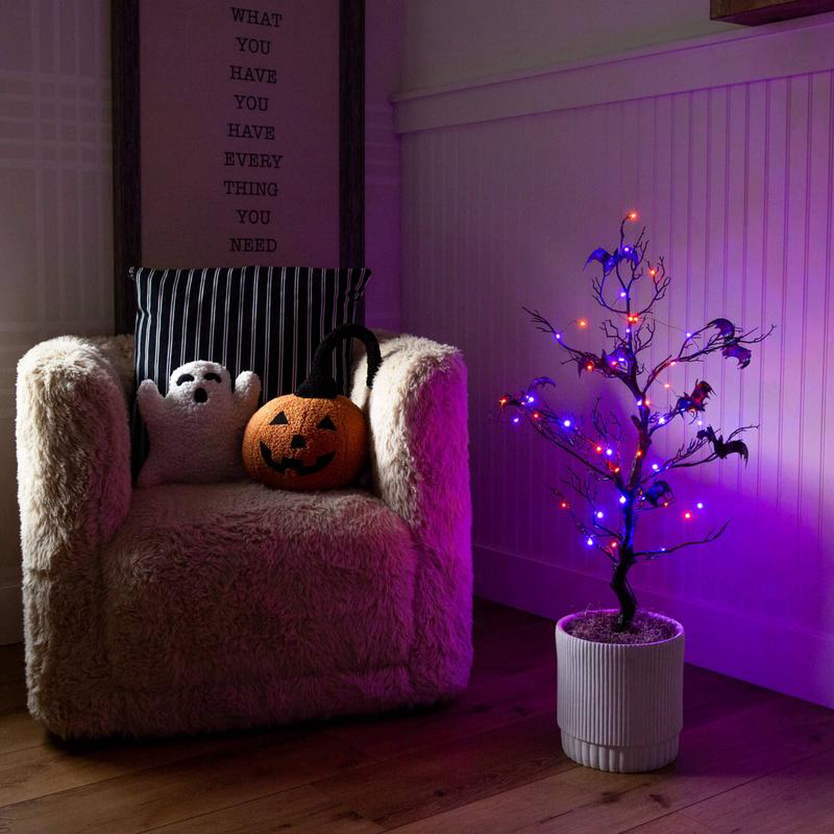 38217 Pre-Lit Artificial Halloween Black Spooky Twig Tree with Bats and 100 Orange 038 Purple LED Lights