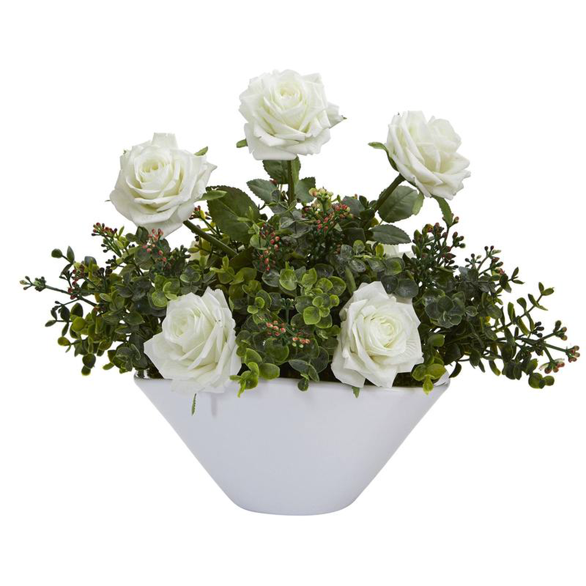 16 Roses and Eucalyptus Arrangement in White Vase