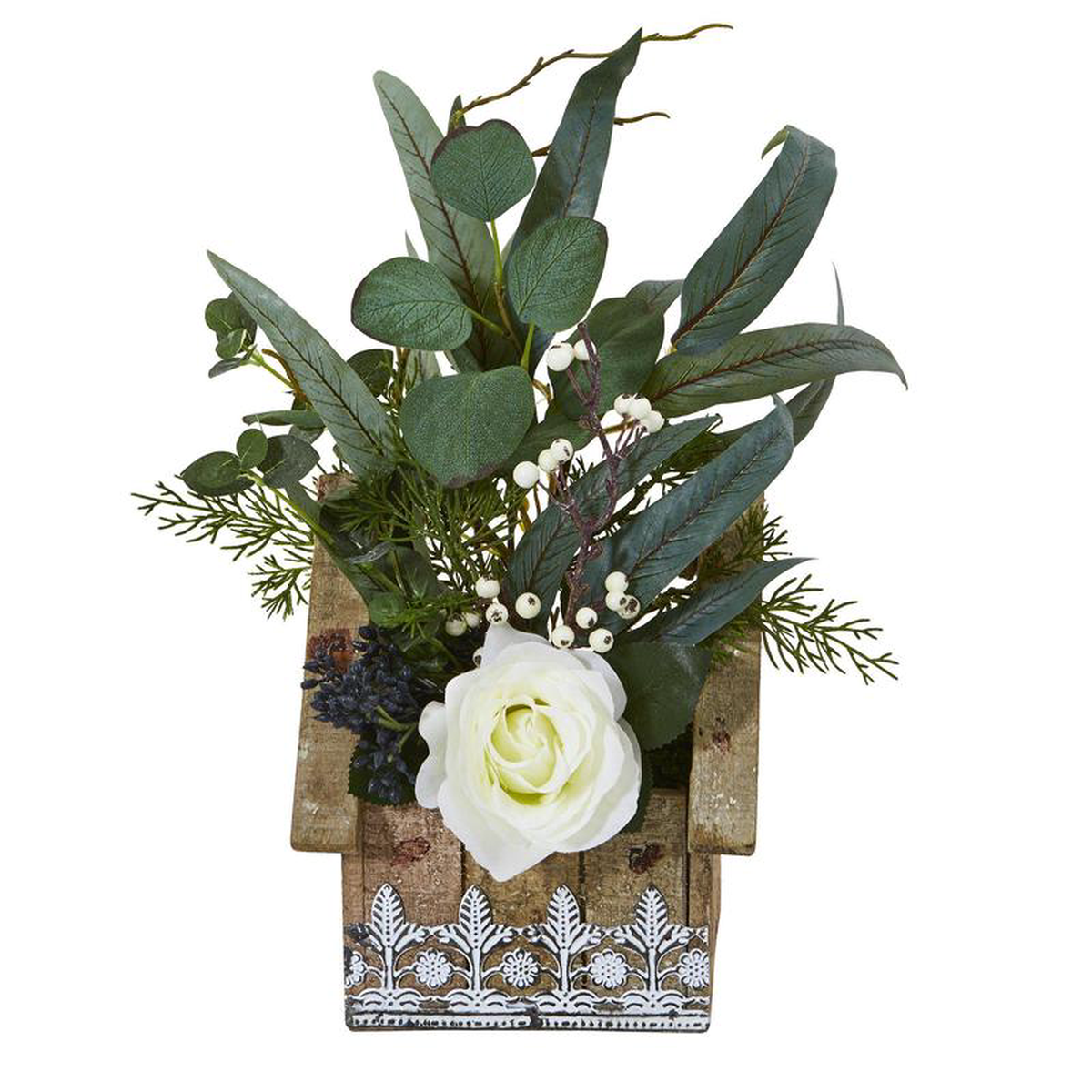 16 Rose and Eucalyptus Artificial Arrangement in Hanging Floral Design House Planter
