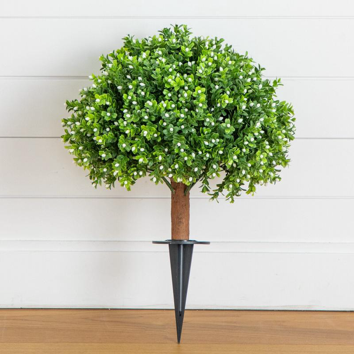 238221 UV Resistant Artificial Flowering Boxwood Topiary with Integrated Ground Stake (IndoorOutdoor)