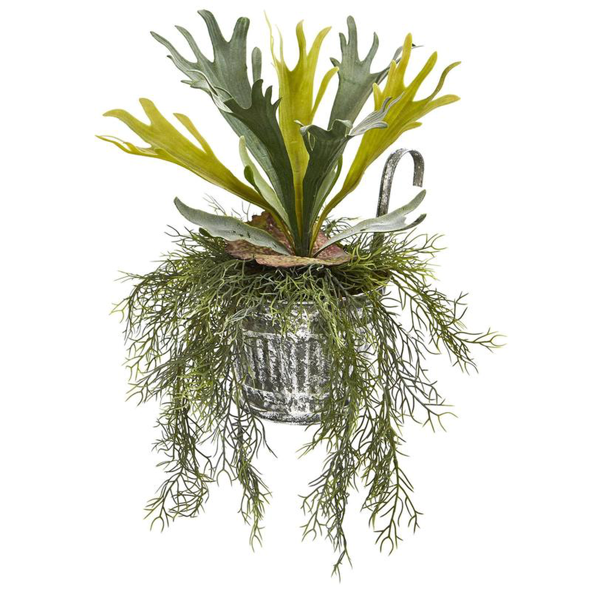 14 Staghorn and Tillandsia Artificial Plant in Vintage Hanging Metal Pail