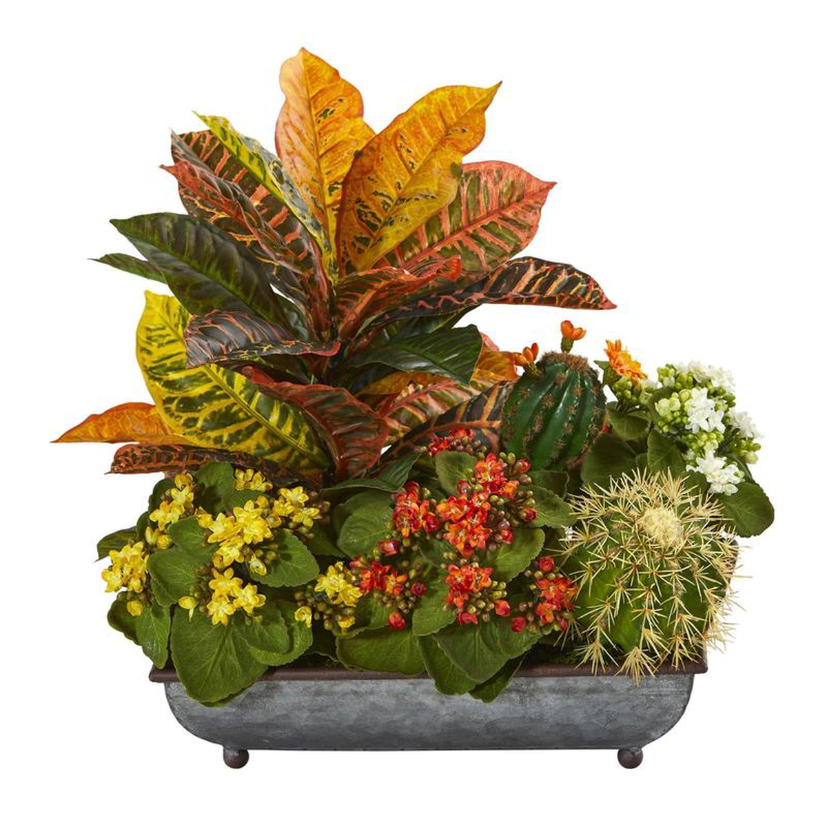 16 Croton Kalanchoe and Cactus Artificial Plant in in Metal Tray