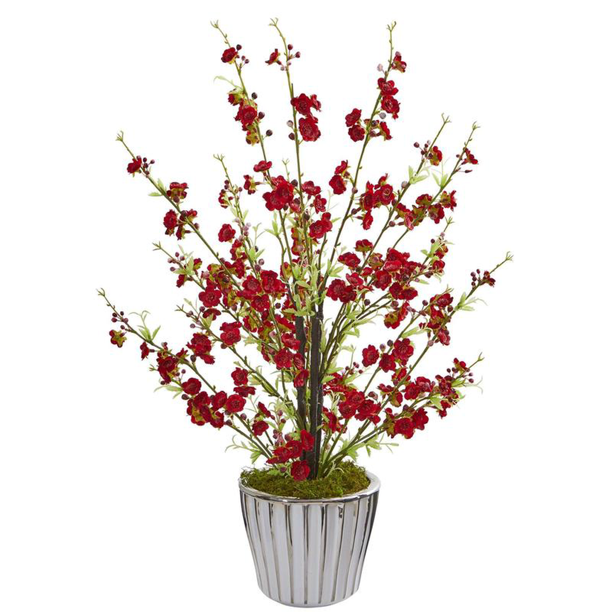 24 Cherry Blossom Artificial Arrangement in White Vase with Silver Trimming