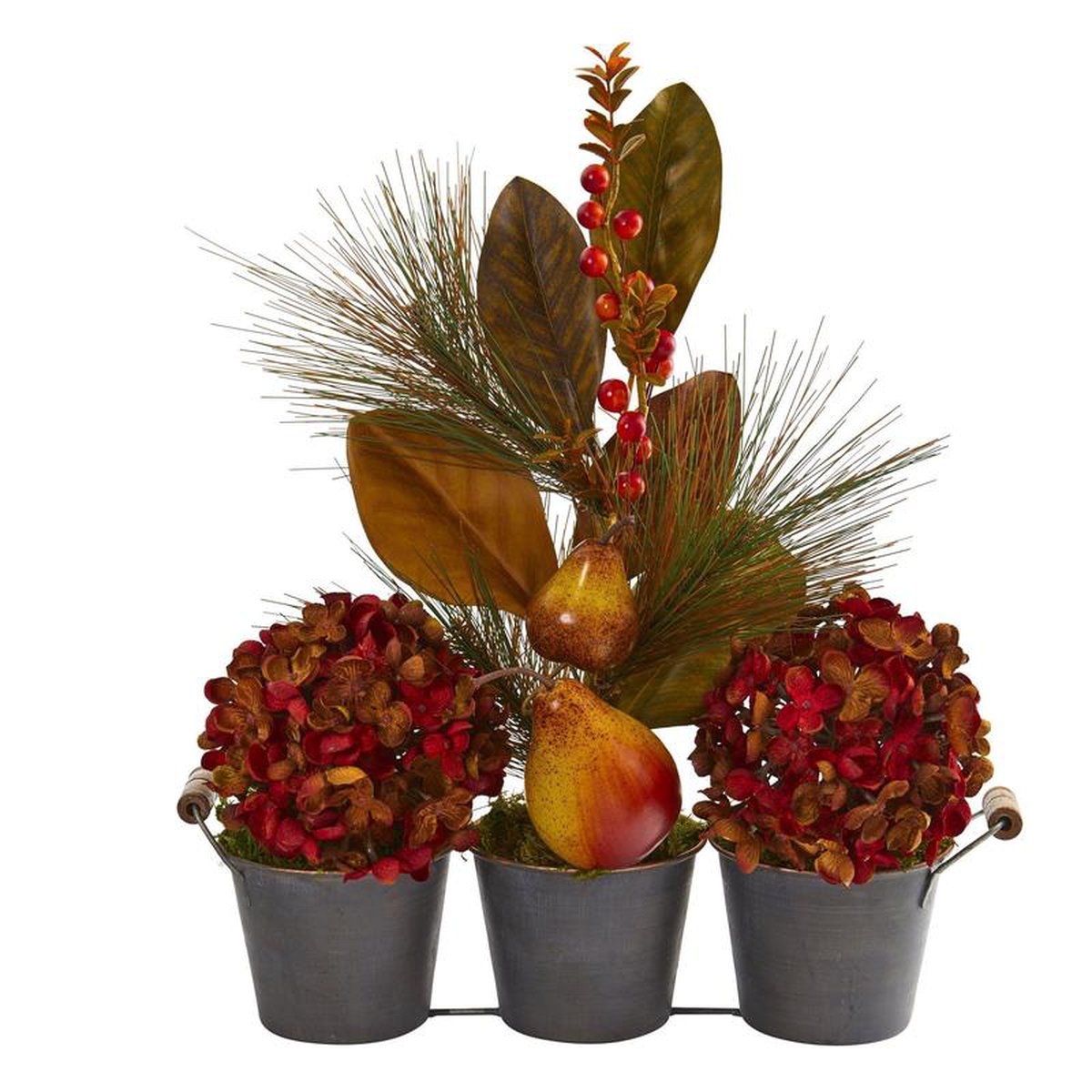 17 Fall Hydrangea Pears and Magnolia Leaf Artificial Arrangement in Trio Metal Vase