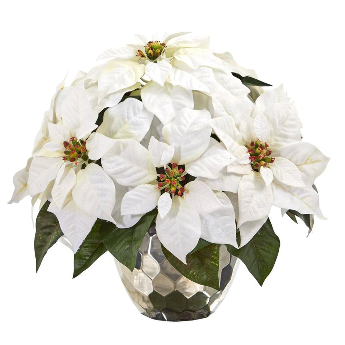 14 Poinsettia Artificial Arrangement in Designer Silver Bowl