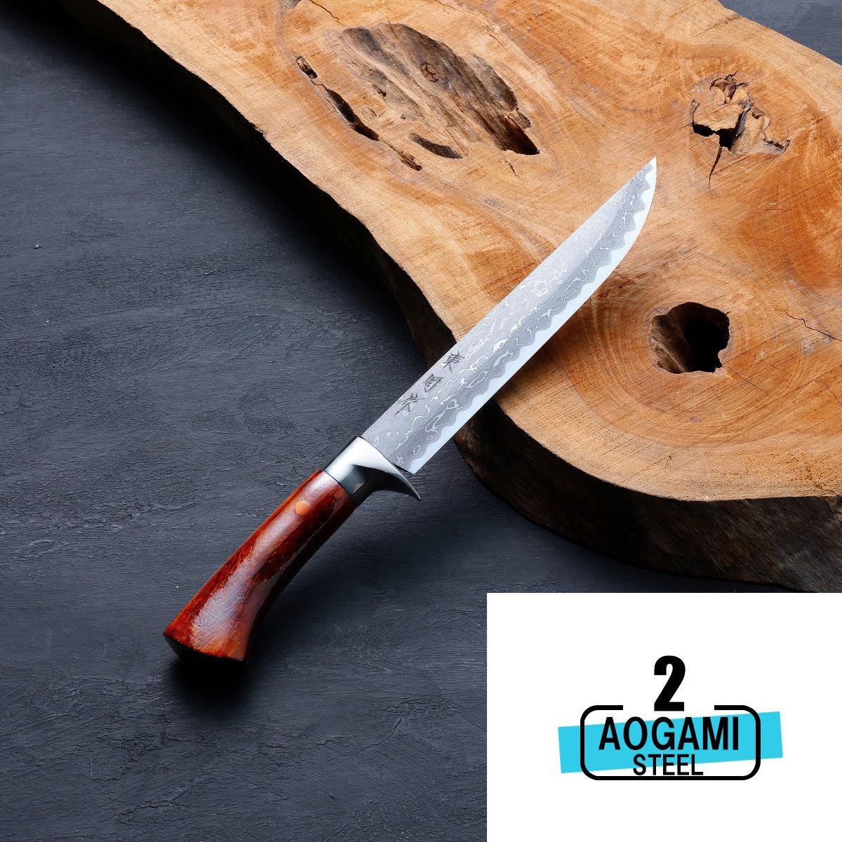 "AZUMASYUSAKU" Japanese Hunting knife Damascus RANBA (Wave Edge) Aogami Steel, 180mm~210mm Outdoor knife