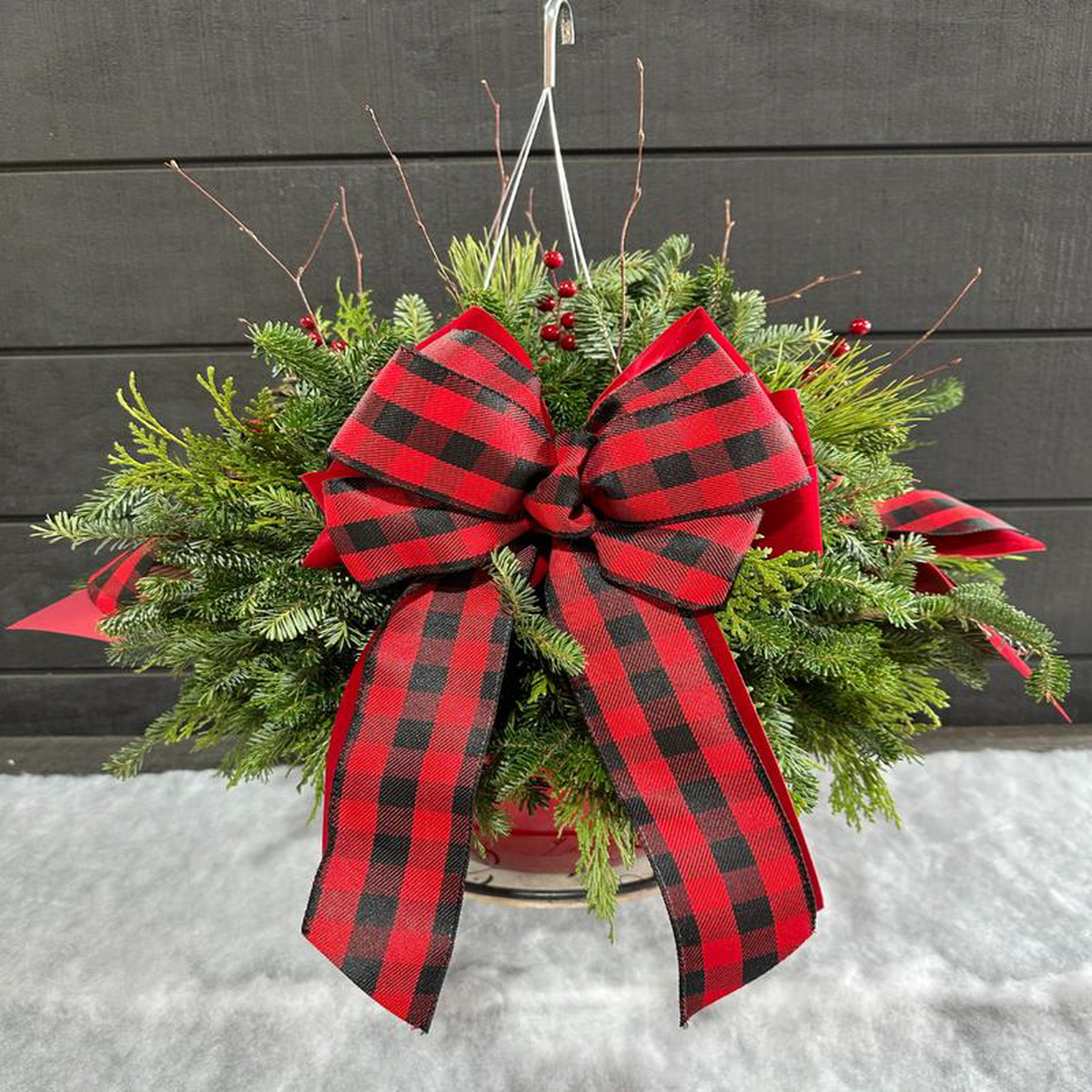 12 Decorated Red & Black Buffalo Plaid Red Hanging Basket (Xmas)