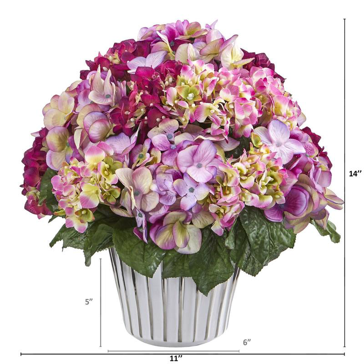 14 Hydrangea Arrangement in White Vase Silver Trimming