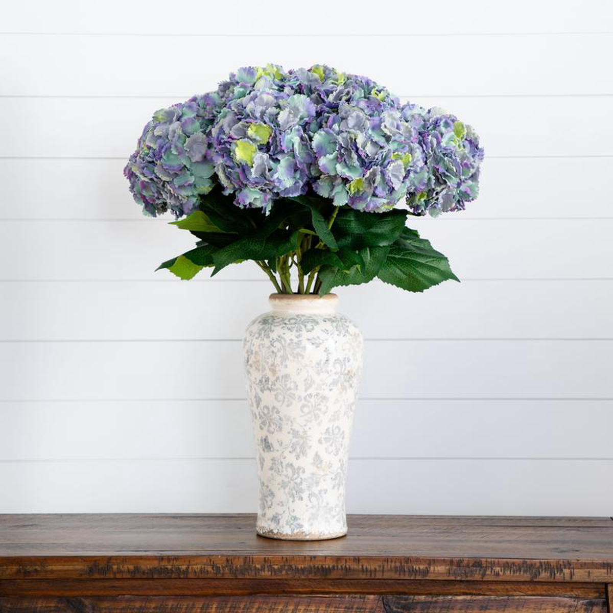 Signature Collection 30 Artificial Hydrangea Arrangement in Ceramic Floral Printed Vase