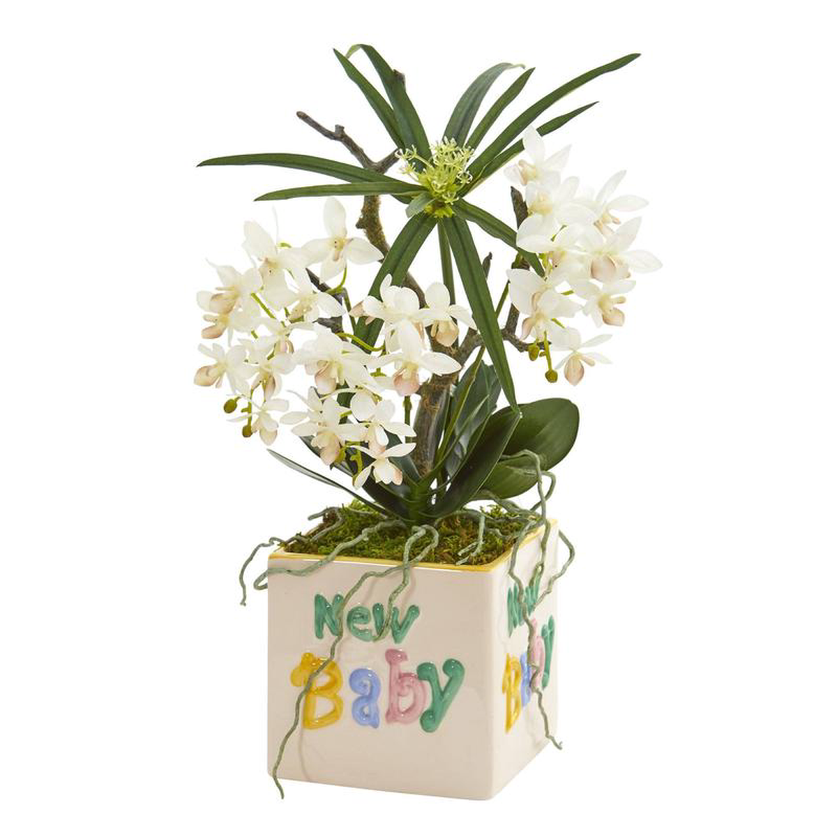 16 Orchid Phalaenopsis and Cyperus Artificial Arrangement in New Baby Vase