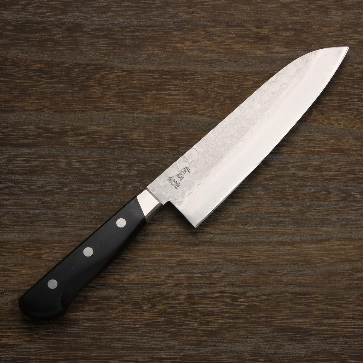 "HONMAMON" Santoku (Multi-Purpose Knife) Aogami Steel No.2 with Stainless Steel Nashiji and Hammered Pattern,180mm