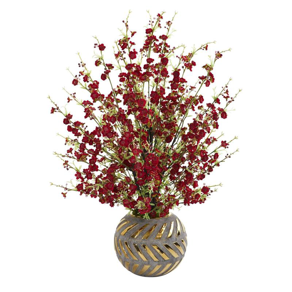 30 Cherry Blossom Artificial Arrangement in Stoneware Vase with Gold Trimming