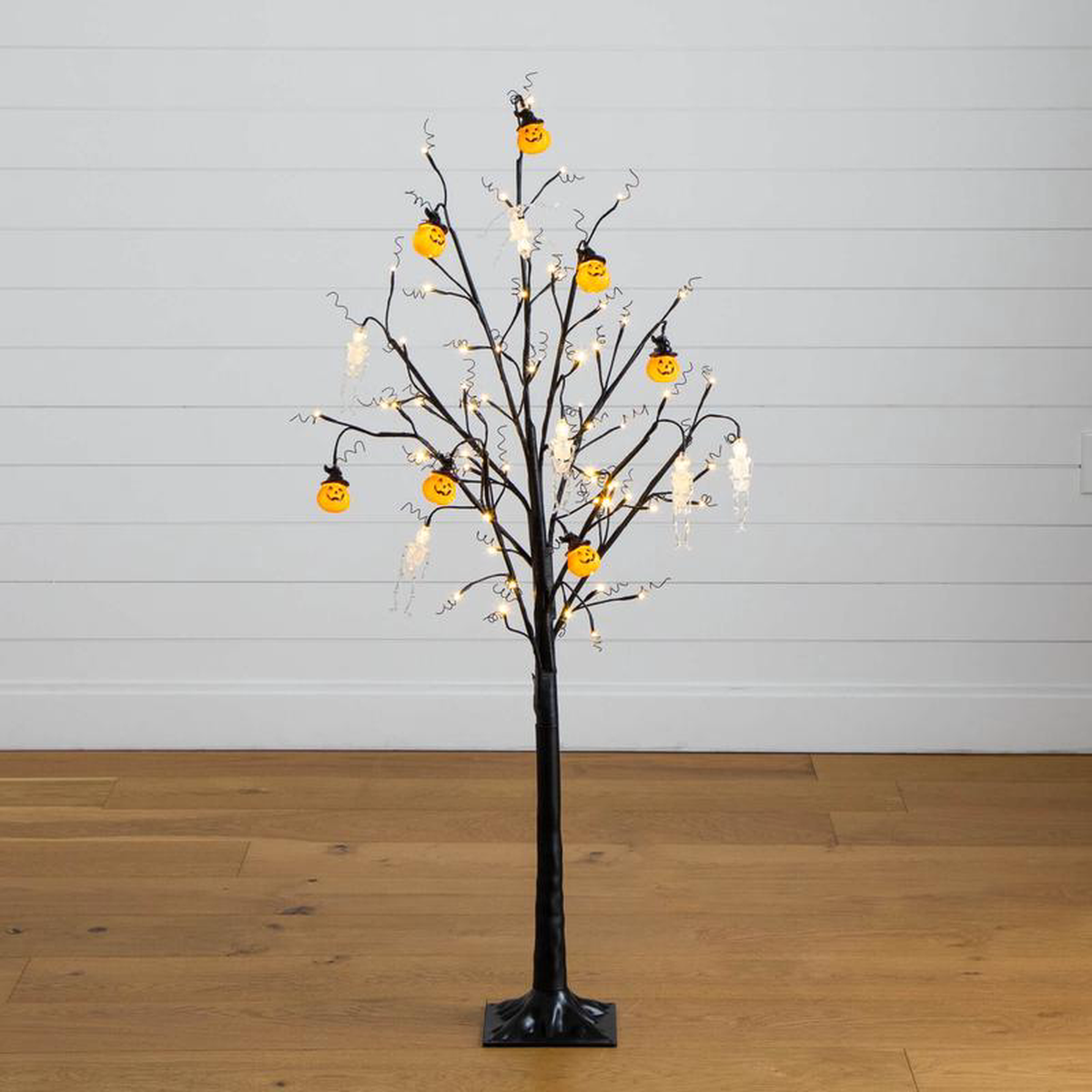 5 Pre-Lit Artificial Halloween Pumpkins and Skulls Ornament Tree with 72 Warm White LED Lights